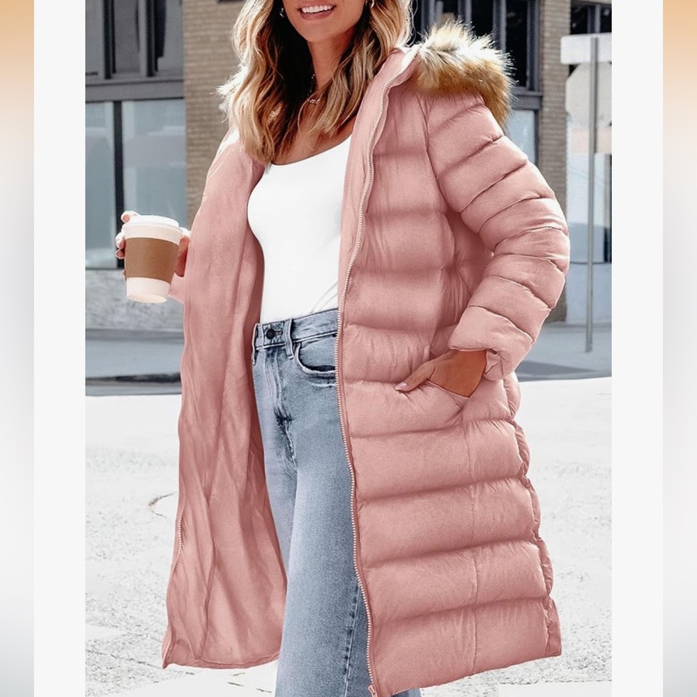Chic Nation Pink Puffer Coat with Faux Fur Hood